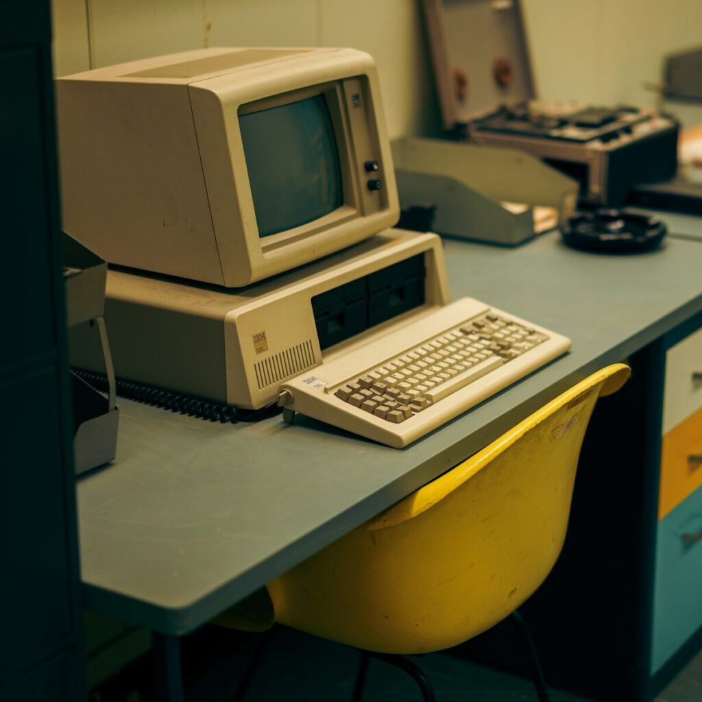 Puesto de oficina con ordenador clásico de la época de Internet Explorer 6
